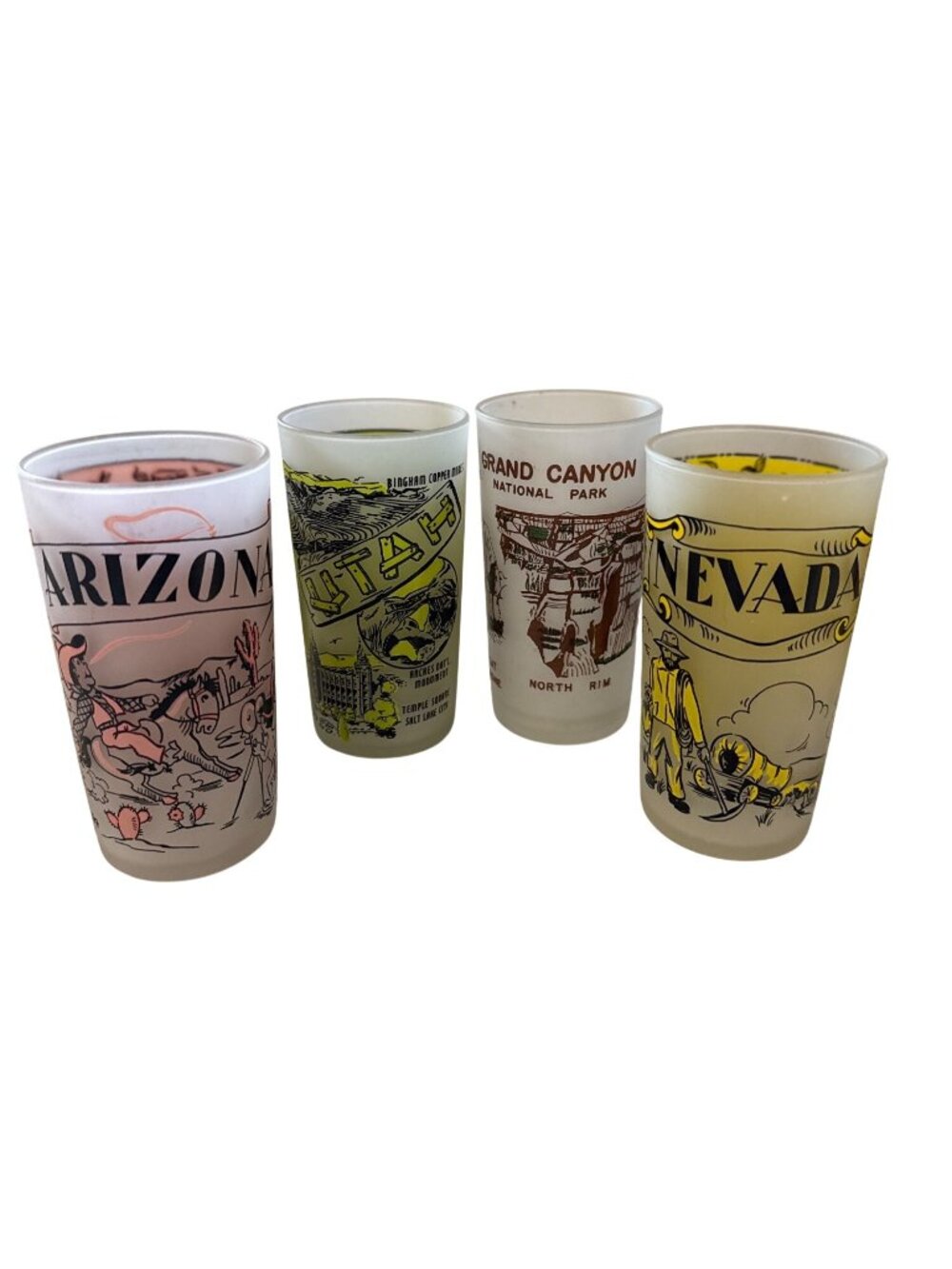 Vintage Hazel Atlas Nevada Arizona Utah Nat. Parks Frosted Four 12 oz 5” Glasses